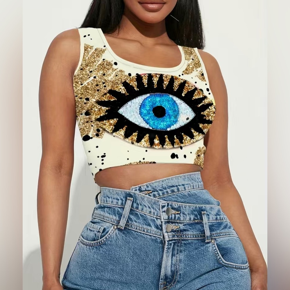 NWOT 🧿 Eye Print Crop Tank Top, Sleeveless Tank Top  polyester, size L